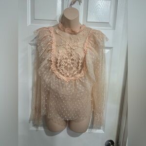 JiRui. Sheer Lace Ruffle Blouse. Size L